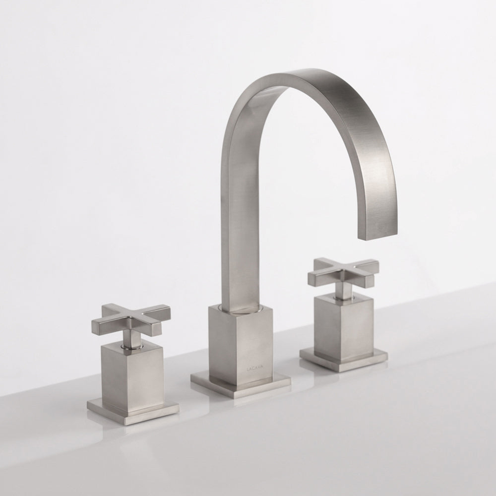 Lacava - Deck-Mount Three-Hole Faucet With An Arch Spout Featuring Natural Water Flow, Two Cross Handles, Pop-Up Deain Included. Water Flow Rate: 1 Gpm Pressure Compensating Regulator.