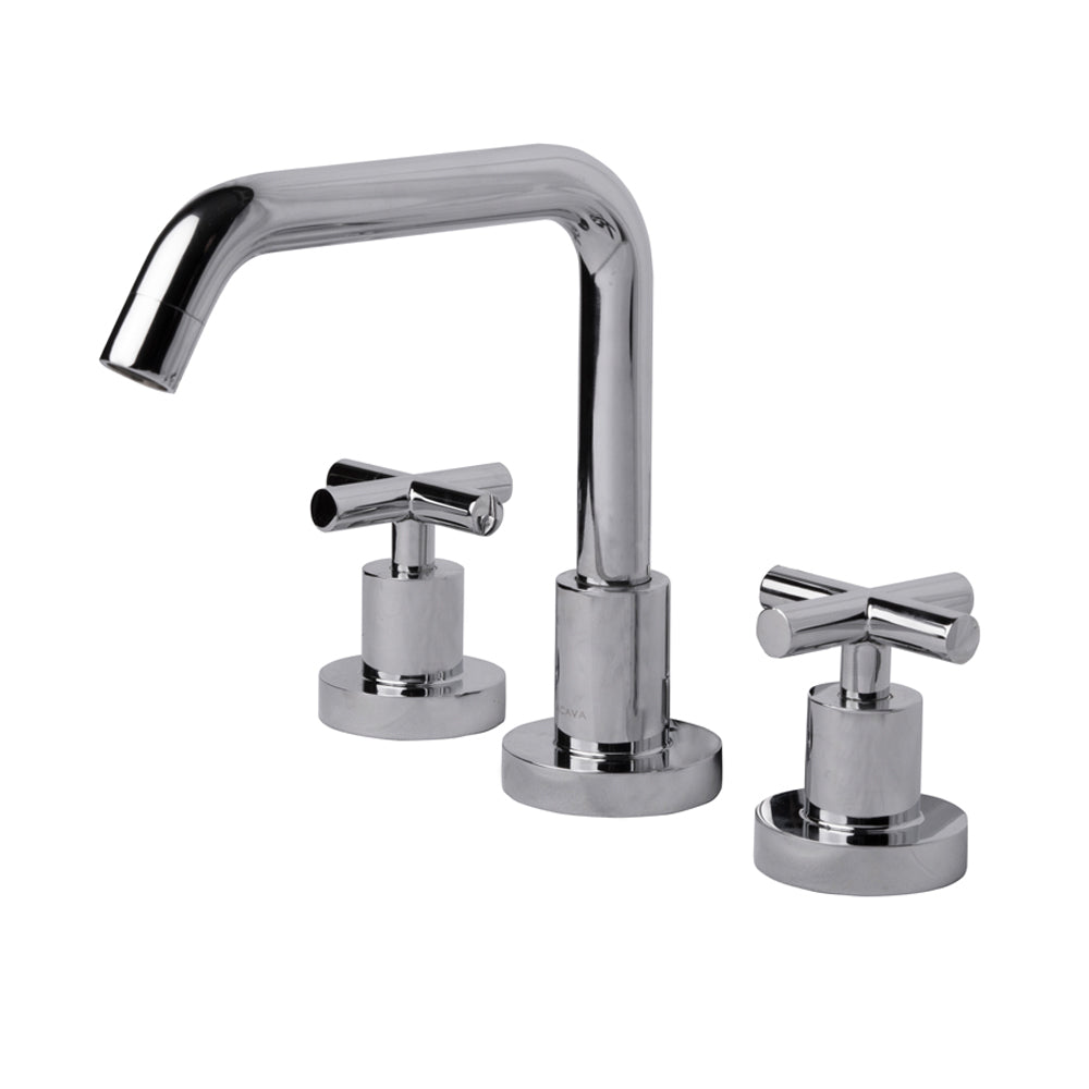 Lacava - Deck-Mount Three-Hole Faucet With A Squared-Gooseneck Swiveling Spout, Two Cross Handles, And A Pop-Up Drain. Water Flow Rate: 1 Gpm Pressure Compensating Aerator.