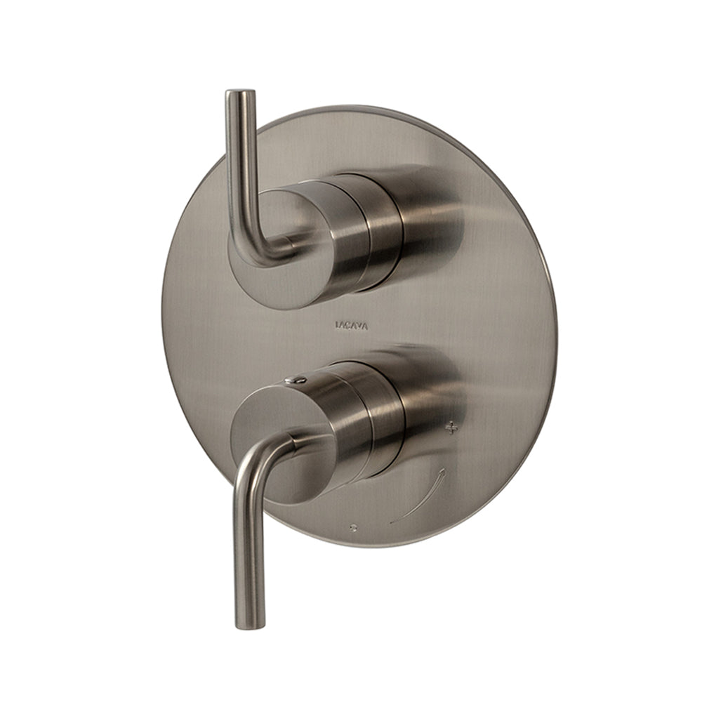 Lacava - Cigno Trim - Built-In Progressive Pressure Balancing Mixer With Volume Control, Two Curved Lever Handles And A Rounded Backplate. Water Flow Rate: 4.2 Gpm At 43.5 Psi. Rough-In # Vpbp1 Sold Separately. Diam: 7-1/4"