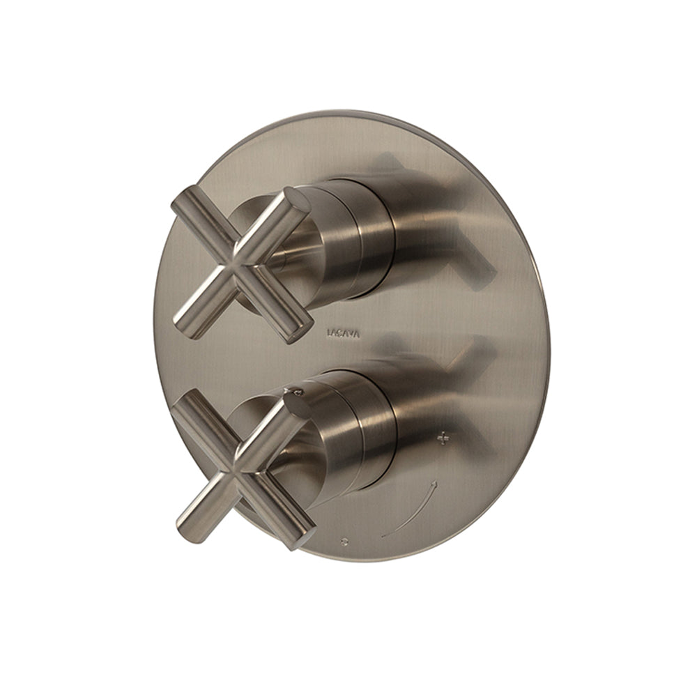 Lacava - Built-In Progressive Pressure Balancing Mixer With 2-Way Diverter, Two Cross Handles And A Rounded Backplate. Water Flow Rate: 4.2 Gpm At 43.5 Psi. Rough-In # Vpbp2. Diam: 7-1/4"