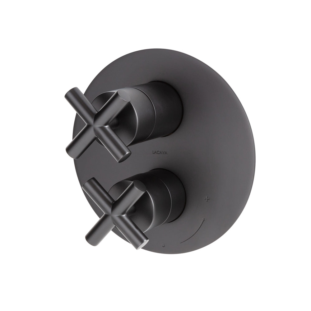 Lacava - Built-In Progressive Pressure Balancing Mixer With 3- Way Diverter, Two Cross Handles And A Round Backplate. Water Flow Rate: 5.6 Gpm At 45 Psi.