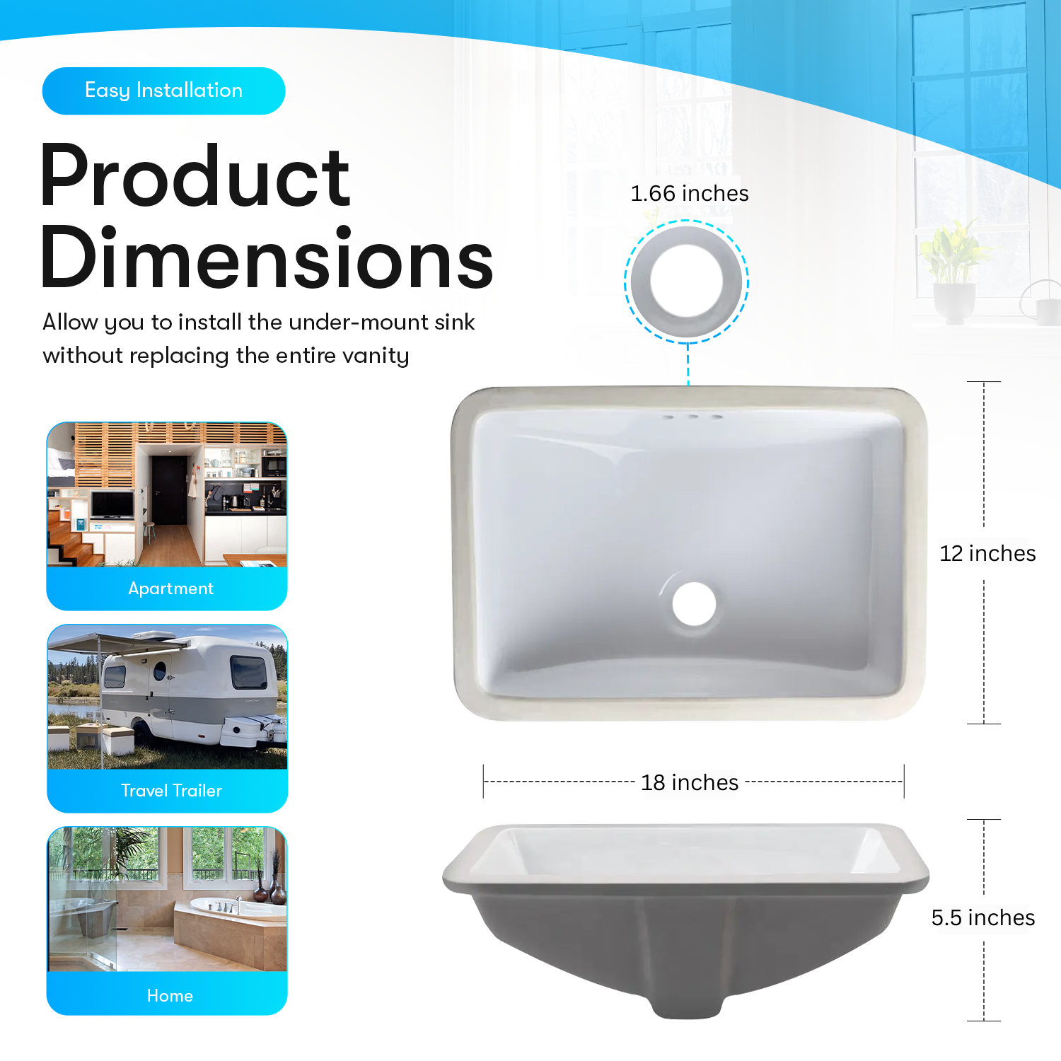 Undermount Bathroom Sink w/ Overflow (20" X 14" X 9")