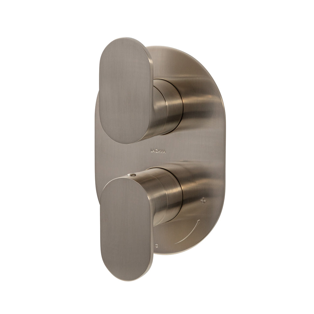 Lacava - Built-In Progressive Pressure Balancing Mixer With Volume Control, Two Lever Handles And An Oblong Backplate. Water Flow Rate: 4.2 Gpm At 43.5 Psi. Rough-In # Vpbp1 Sold Separately. 5-1/8"W, 7-1/4"H