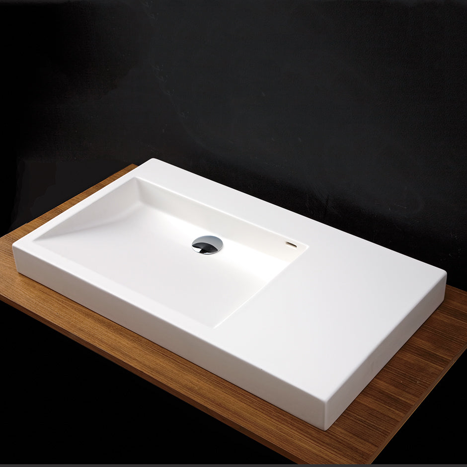 Lacava - Vanity Top Bathroom Sink With Shelf On The Right, Made Of Solid Surface, With An Overflow. Finished Back. 00 - Zero Faucet Holes, 01 - One Faucet Hole, 02 - Two Faucet Holes, 03 - 3 Faucet Holes In 8” Spread. W:32", D:18", H:3".
