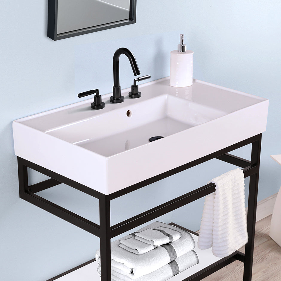 Lacava 5242L-03-001 - Wall-Mounted Or Vessel Porcelain Washbasin With Overflow, 32"W X 18"D X 6"H, With 00 - No Faucet Holes, 01 - One Faucet Hole, 02 - Two Faucet Holes (Center & Right) Or 03 - Three Faucet Holes In 8" Spread. Sink On The Left