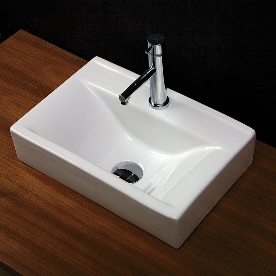 Lacava 5462-01-001 - Above Counter Porcelain Bathroom Sink With 00 - No Faucet Holes, 01 - One Faucet Hole, 02 - Two Faucet Holes (Center & Right) Or 03 - Three Faucet Holes In 8" Spread, No Overflow. Unfinished Back.W: 17 1/2” D: 11 3/4” H: 4 1/4”