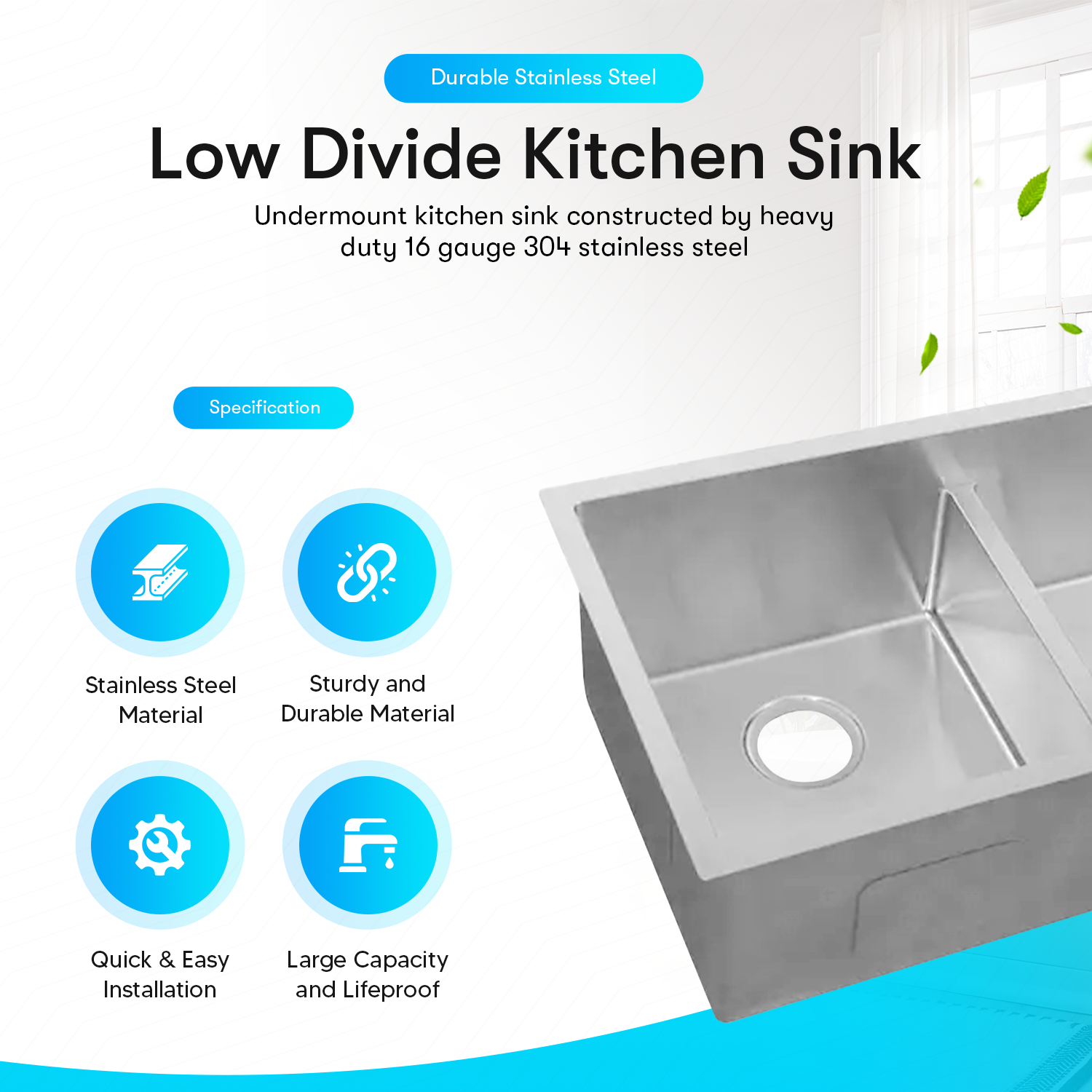 Low Divide Undermount Kitchen Sink (32" X 19" x 10")