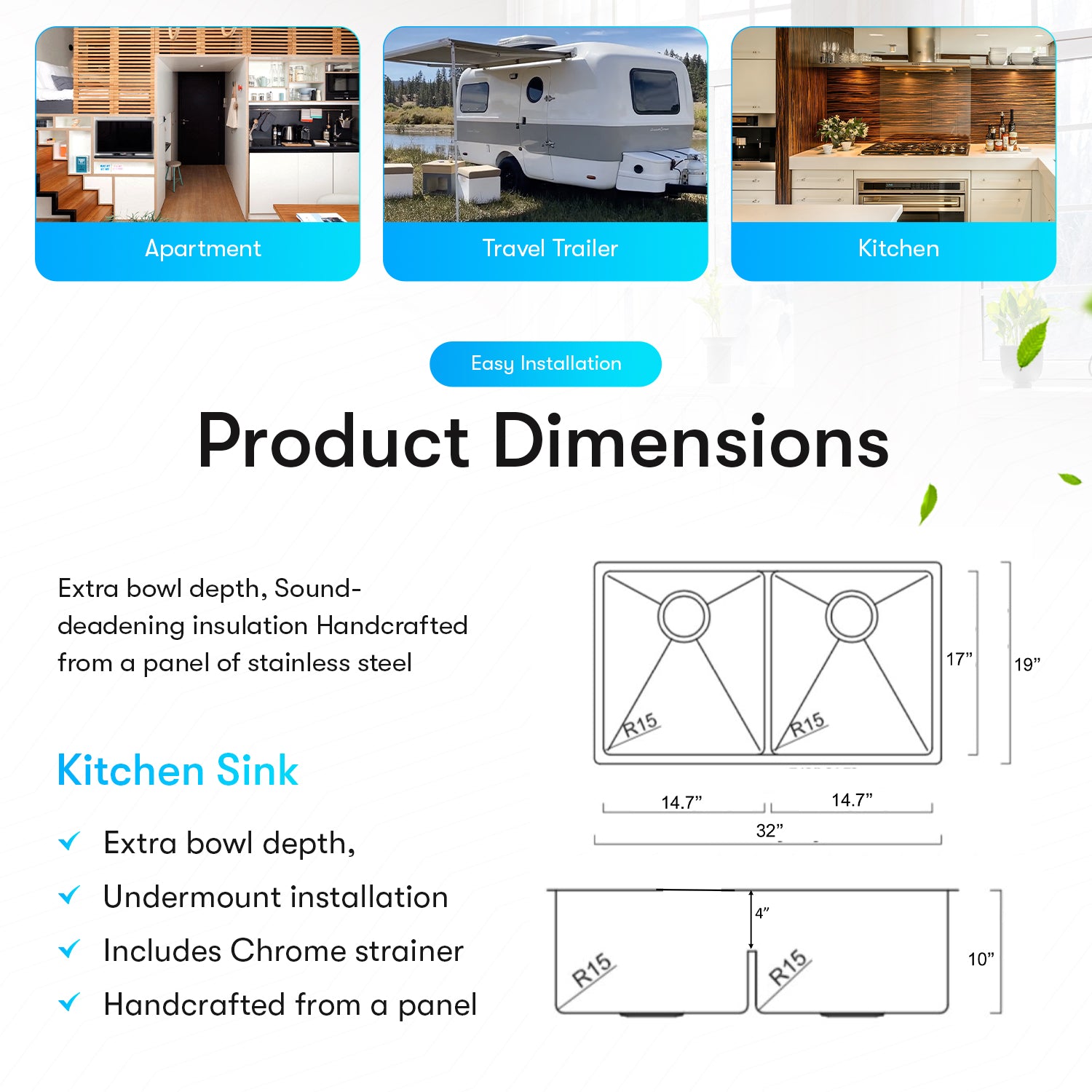 Low Divide Undermount Kitchen Sink (32" X 19" x 10")