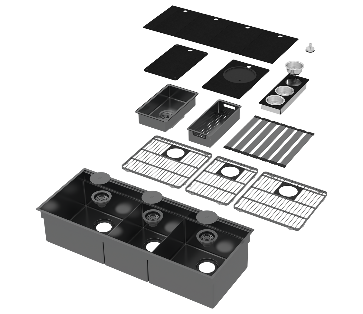 Zomodo IQC400T-BP - 44" Black Pearl Triple Bowl 2-Tier Workstation Sink + Accessories Kit