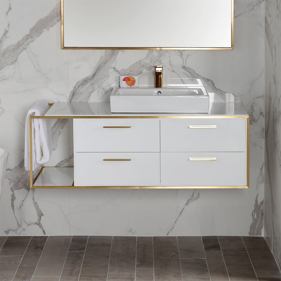 Lacava - Cabinet Of Wall-Mount Under-Counter Vanity Lin-Vs-48R With Four Drawers (Pulls Included), Metal Frame, Solid Surface Countertop And Shelf. W: 38", D: 21", H: 15".
