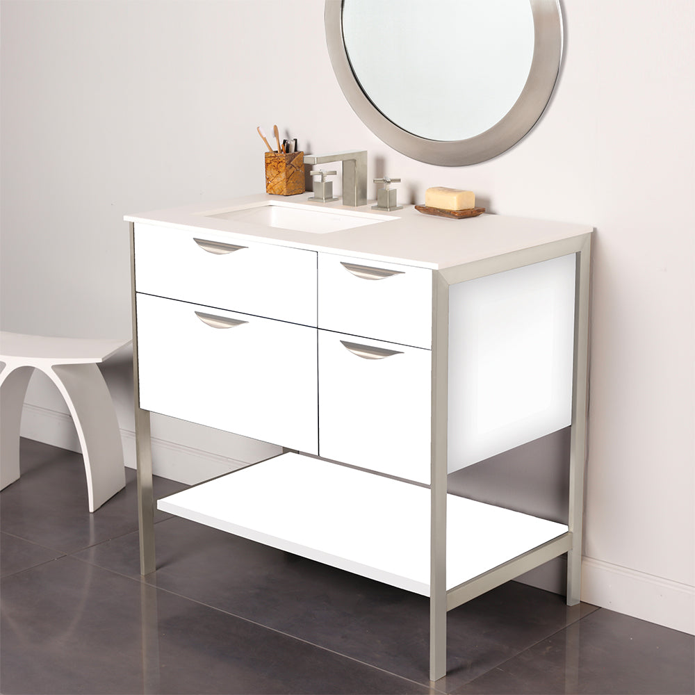 Lacava - Cabinet Of Free Standing Under-Counter Vanity With Three Drawers, Bottom Wood Shelf And Metal Frame (Pulls Included). Sink On The Left. W: 34 1/2", D: 21 3/4", H: 17 3/4".