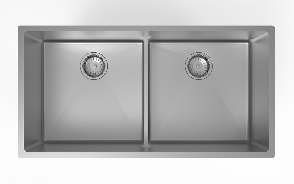 Zomodo PTC406DC-PS - 34" 50/50 Dbl Low Div Sink, Um, 16Ga, R15 (Inc. Roll Grid + Drain Cover)