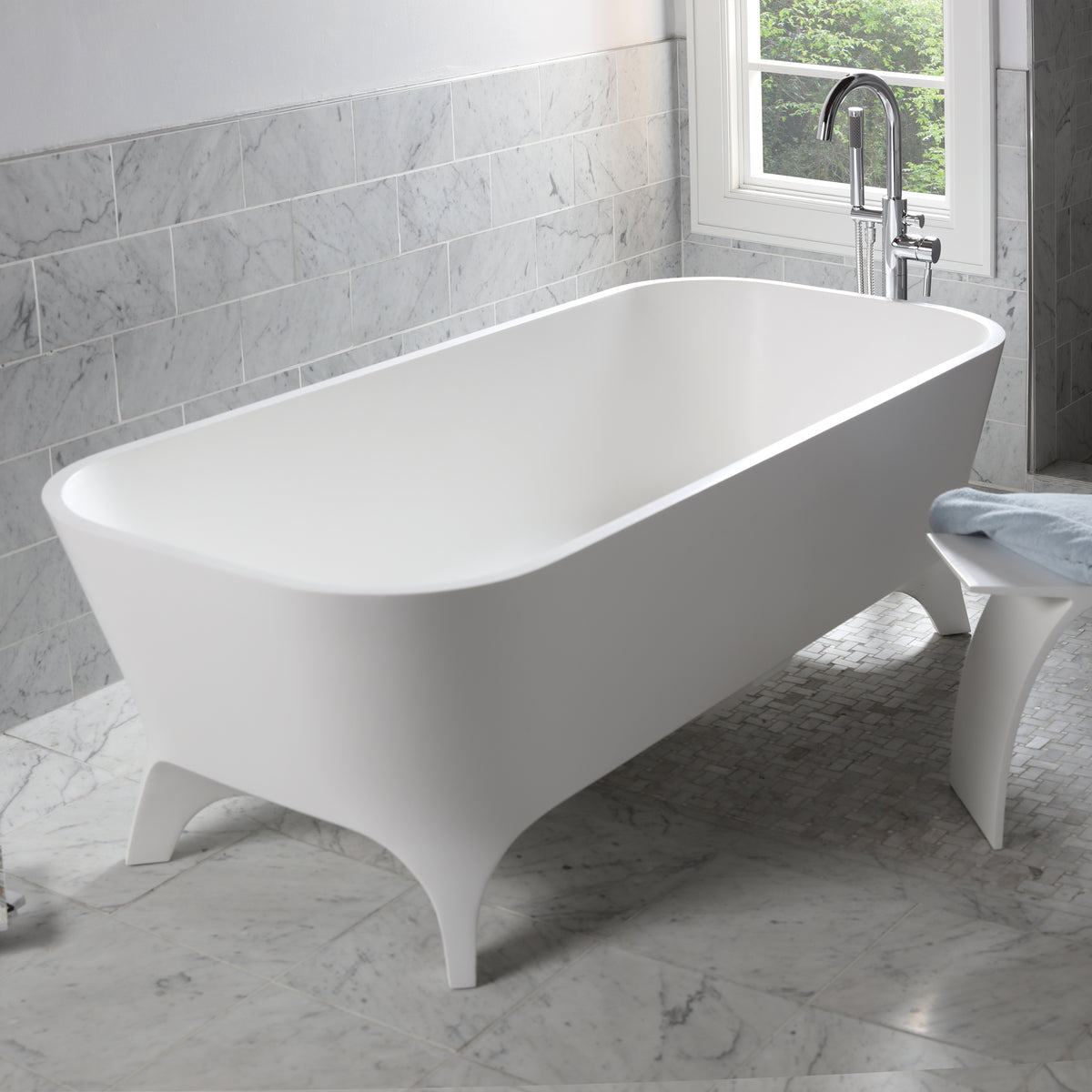 Lacava - Free-Standing Soaking Bathtub Made Of White Solid Surface With An Overflow And A Decorative Solid Surface Drain; Net Weight 408 Lbs, Water Capacity 91 Gal. W: 70 7/8", D: 31 1/2", H: 23 5/8".