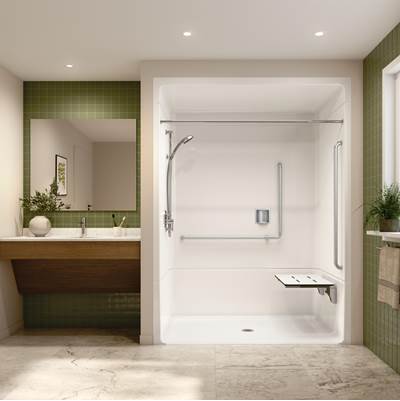 Neptune Entrepreneur 220400-000-001-213 - Banff Bfs-6036A - Nbc Compliant Acrylic Alcove Center Drain Beveled Threshold One-Piece Shower In White With Right Rectangular Phenolic Seat