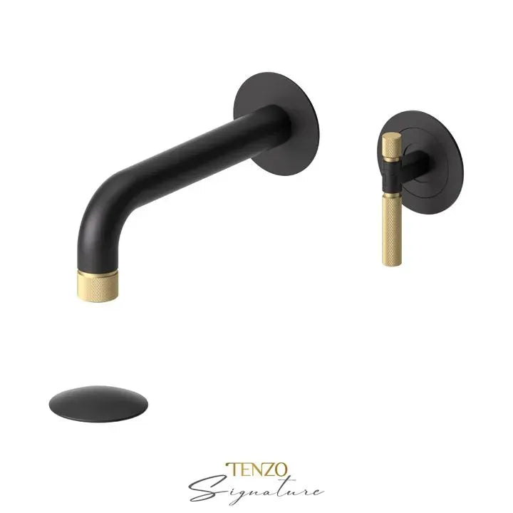 Tenzo BE14-F-P-MB-BG - Wall Mount Lavatory Faucet With (Overflow) Drain Bellacio-F Matte Black/Brushed Gold