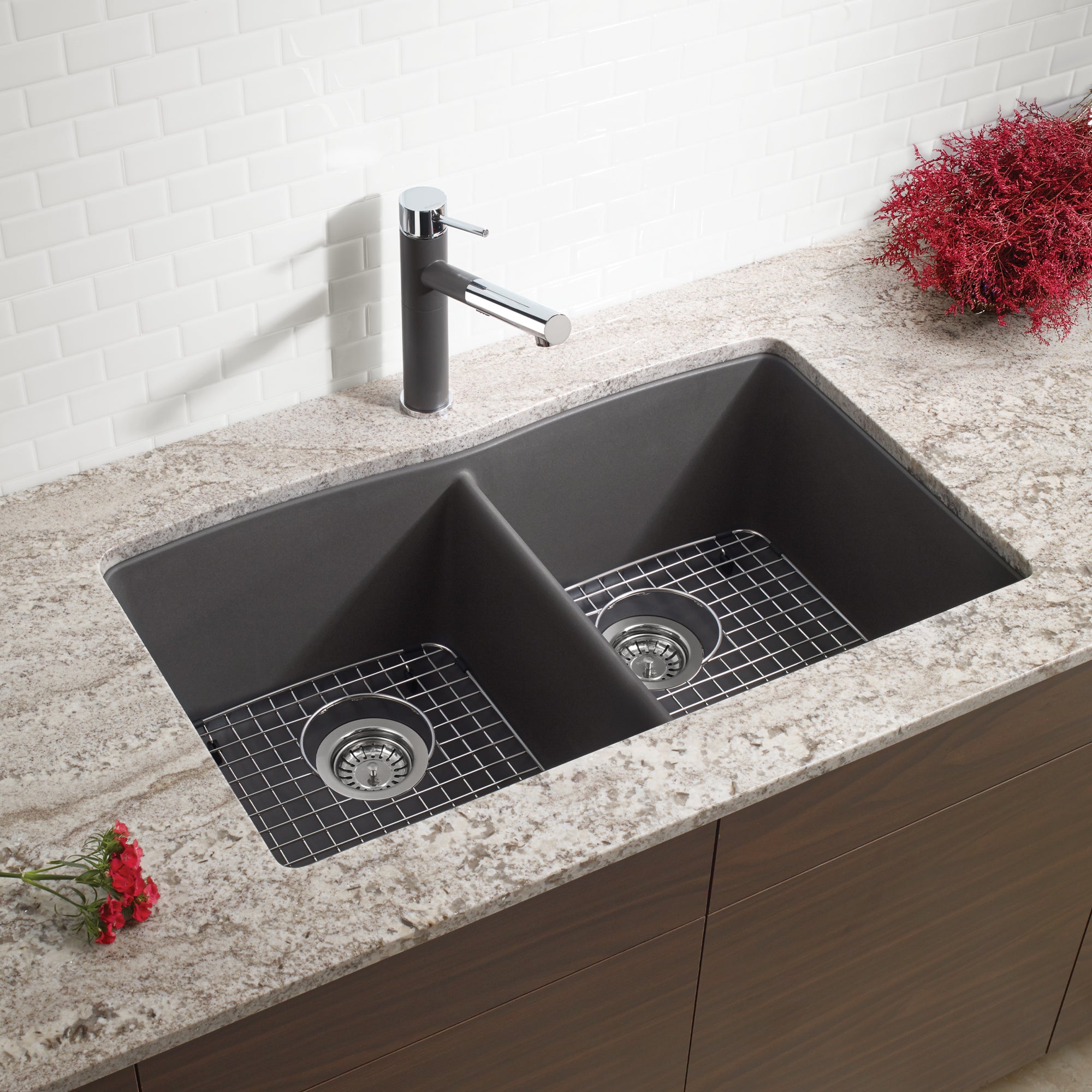 Blanco 401402- DIAMOND U 2 Double Bowl Undermount Sink, SILGRANIT®, Cinder - FaucetExpress.ca