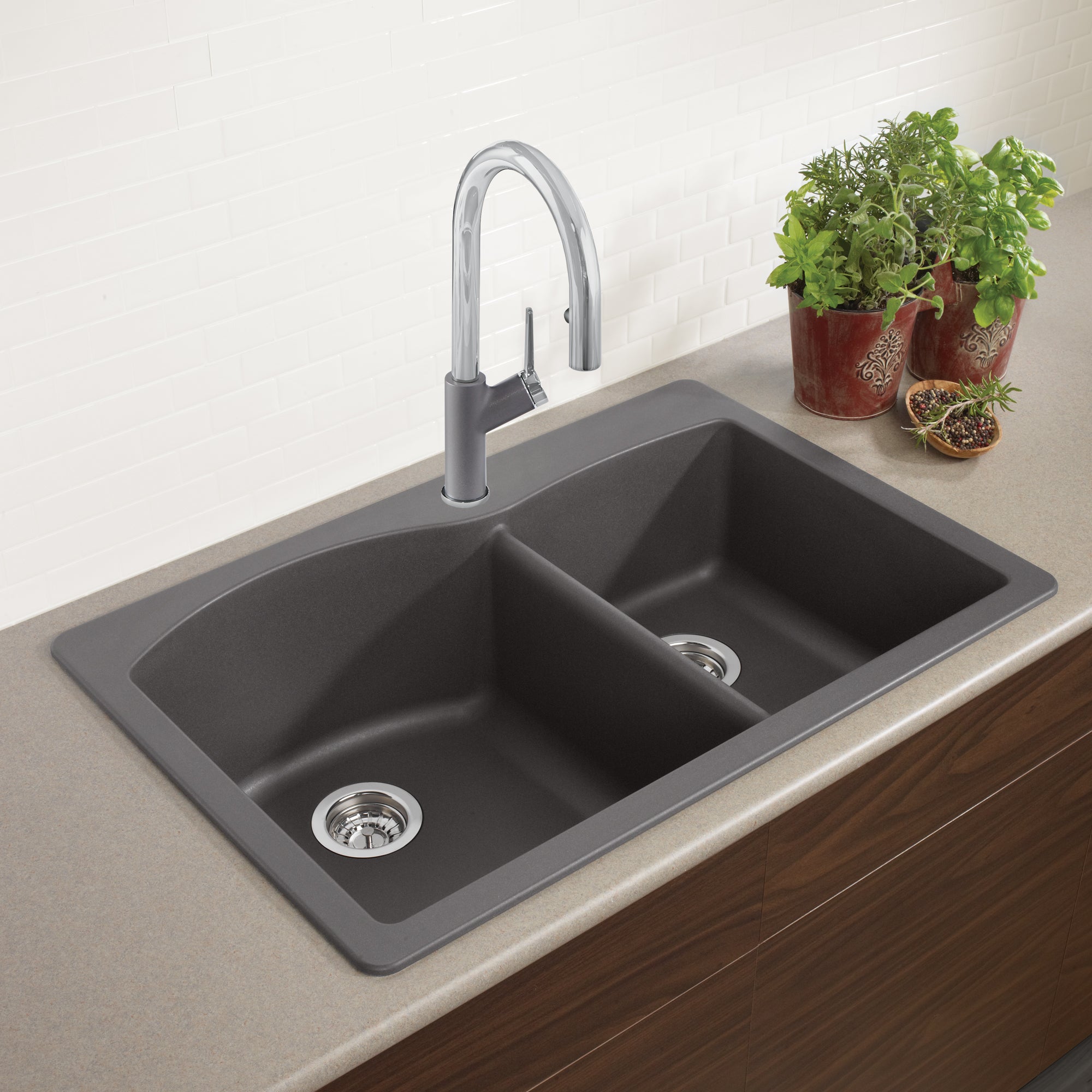 Blanco 401407- DIAMOND 1¾ Double Bowl Drop-in Sink, SILGRANIT®, Cinder - FaucetExpress.ca