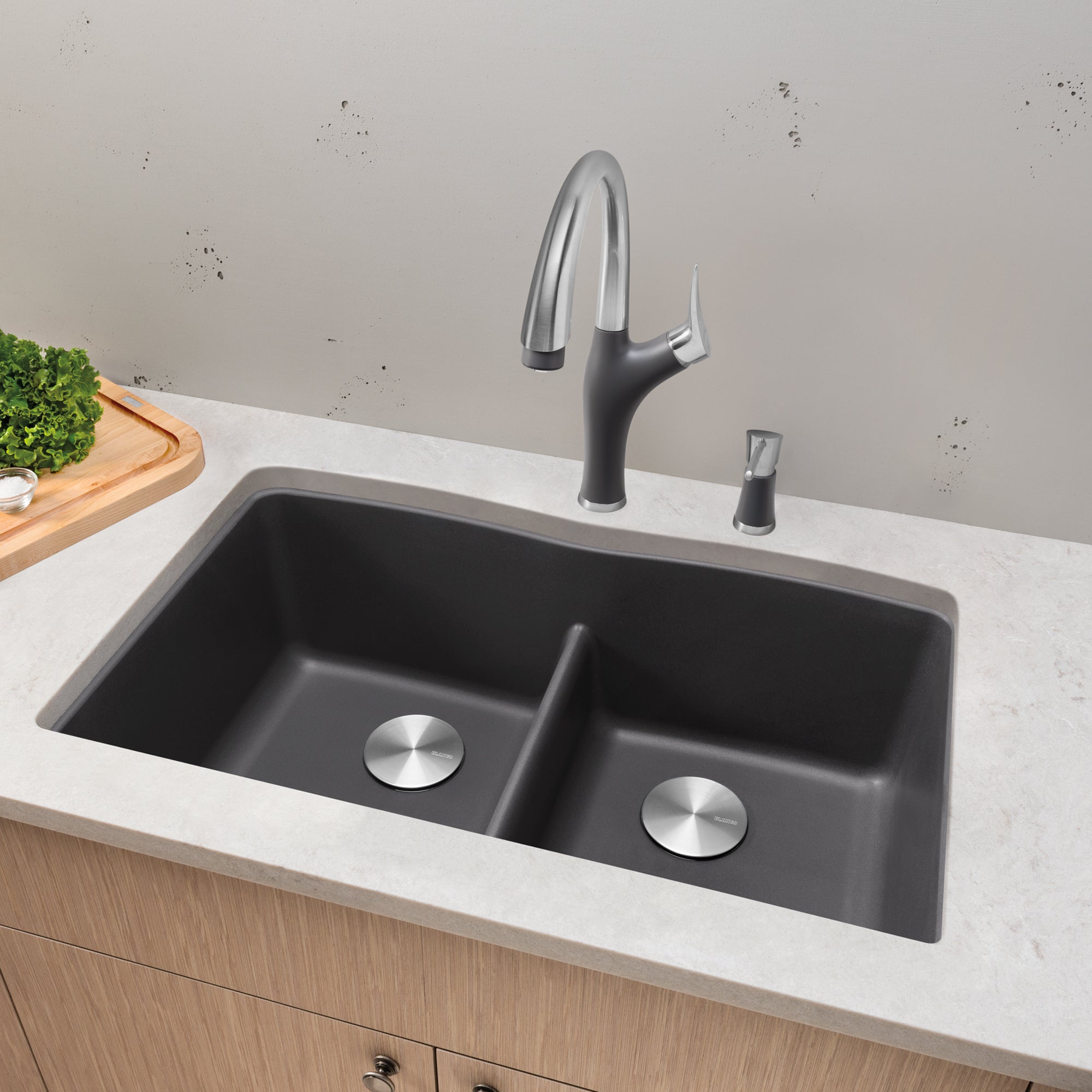 Blanco 401837- DIAMOND U 2 Low Divide Undermount Sink, SILGRANIT®, Cinder - FaucetExpress.ca