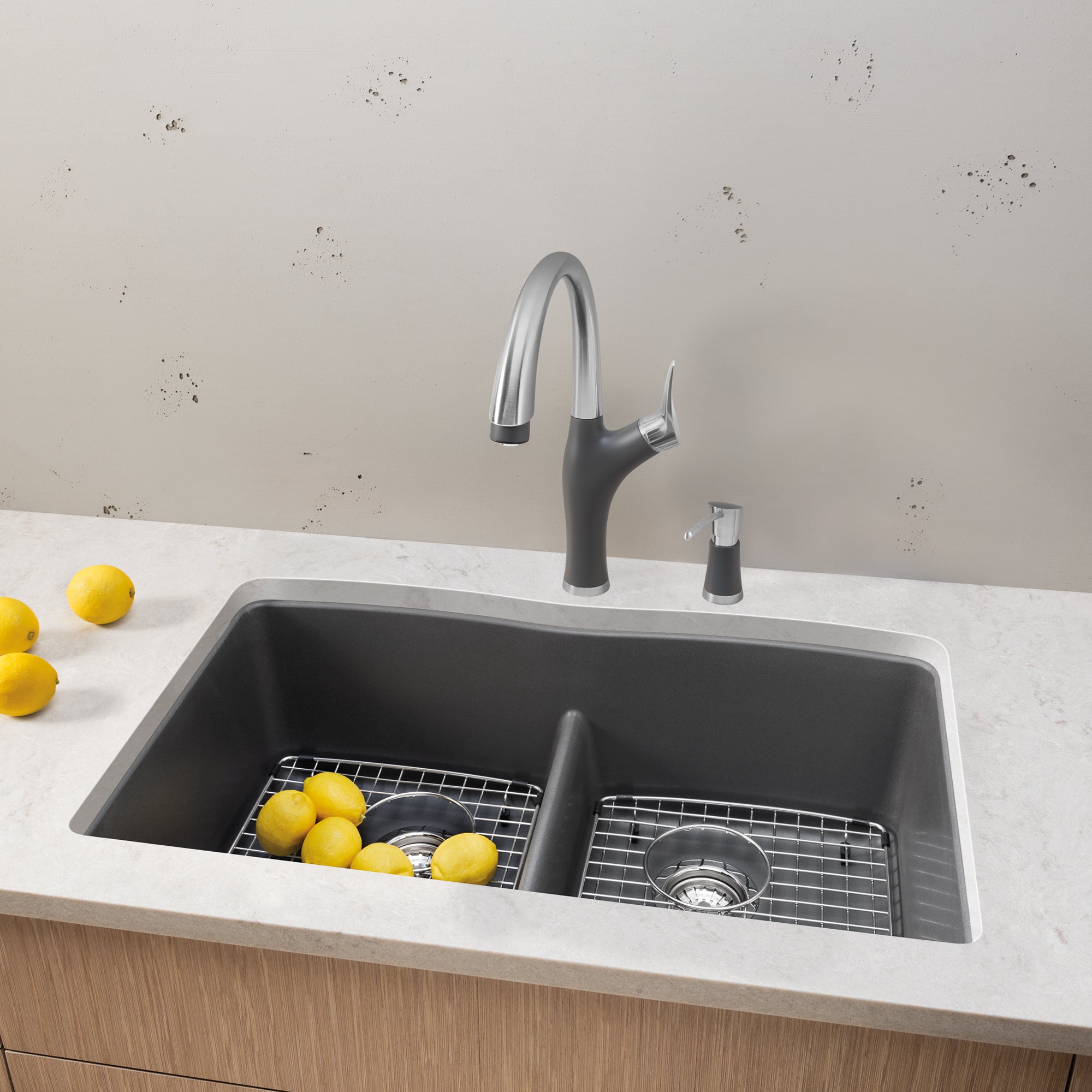 Blanco 401837- DIAMOND U 2 Low Divide Undermount Sink, SILGRANIT®, Cinder - FaucetExpress.ca