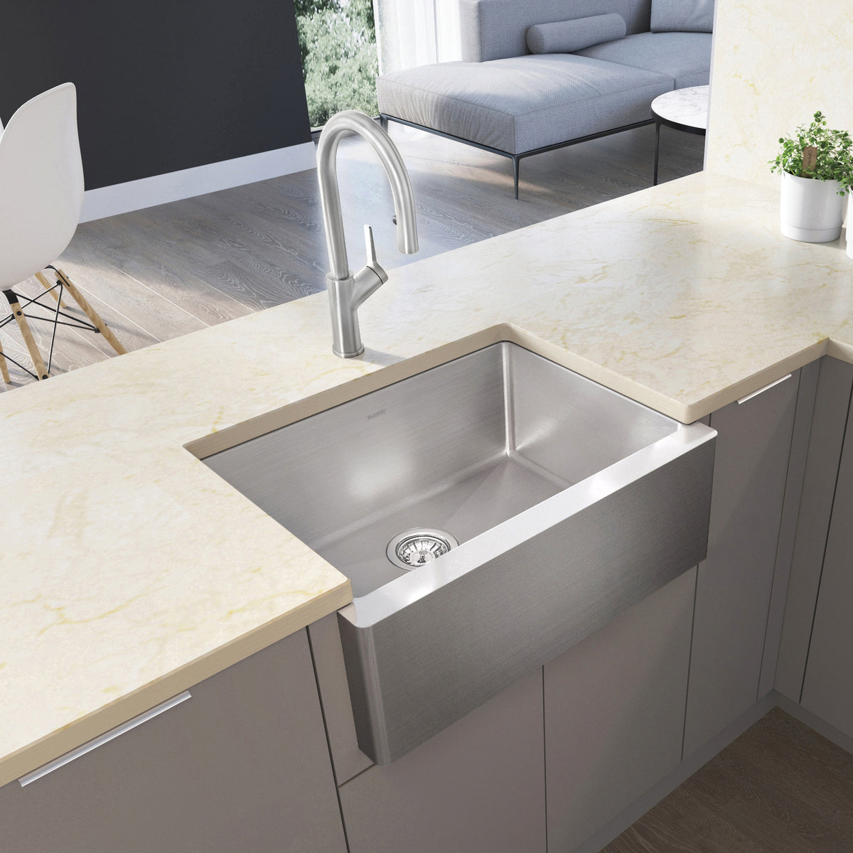 Blanco 401869- QUATRUS R15 U 1 Medium Farmhouse Sink, Stainless Steel - FaucetExpress.ca