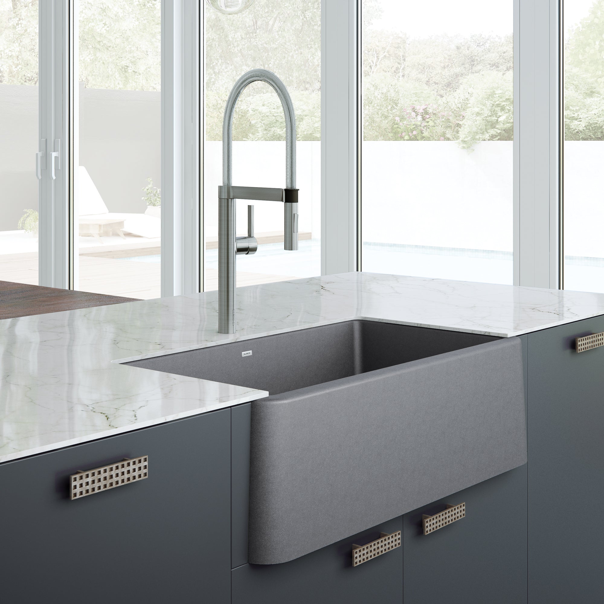 Blanco 401874- IKON 33 Farmhouse Kitchen Sink, SILGRANIT®, Metallic Gray - FaucetExpress.ca