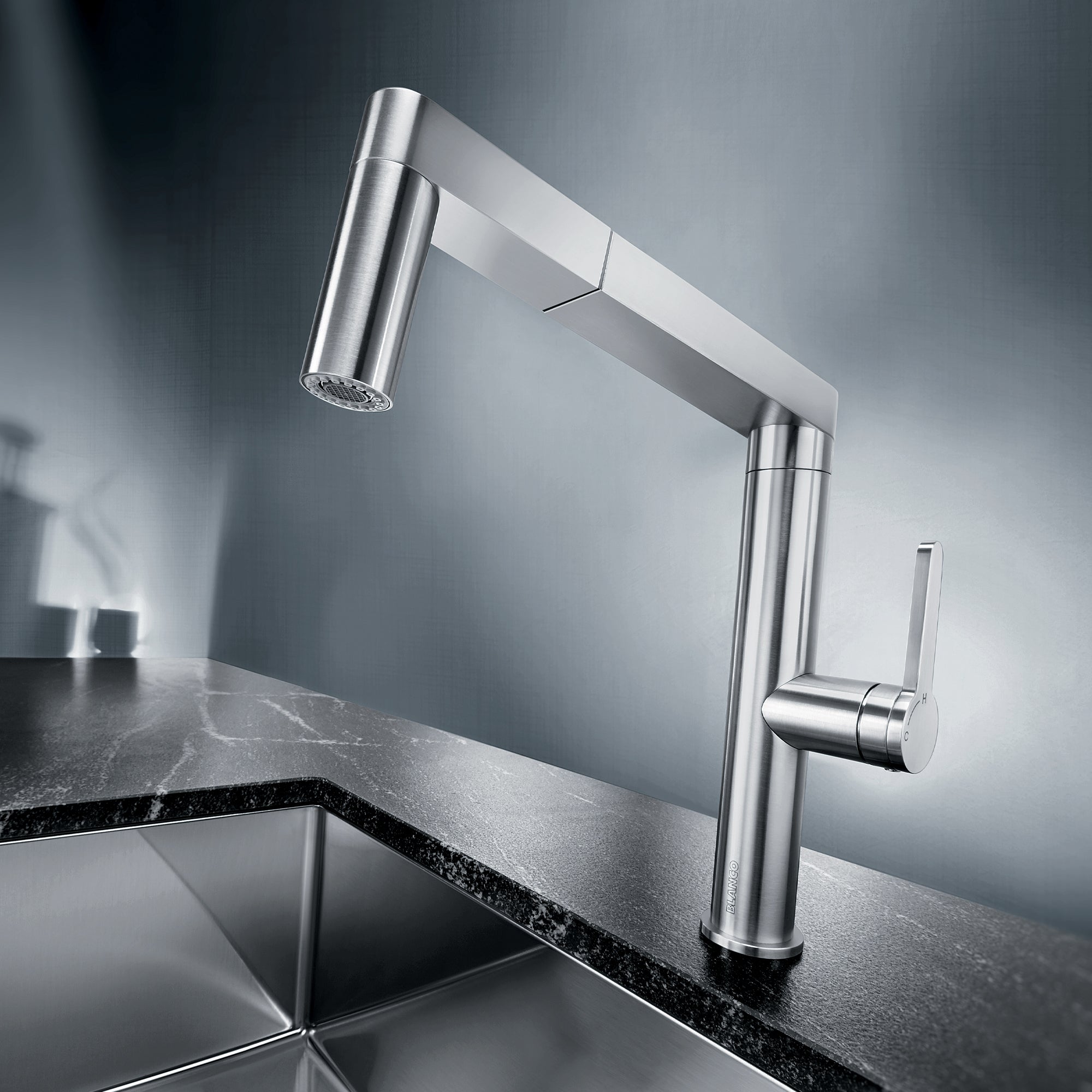 Blanco 402043- PANERA Low Arc Pull-Out Dual Spray Faucet, Stainless Steel - FaucetExpress.ca