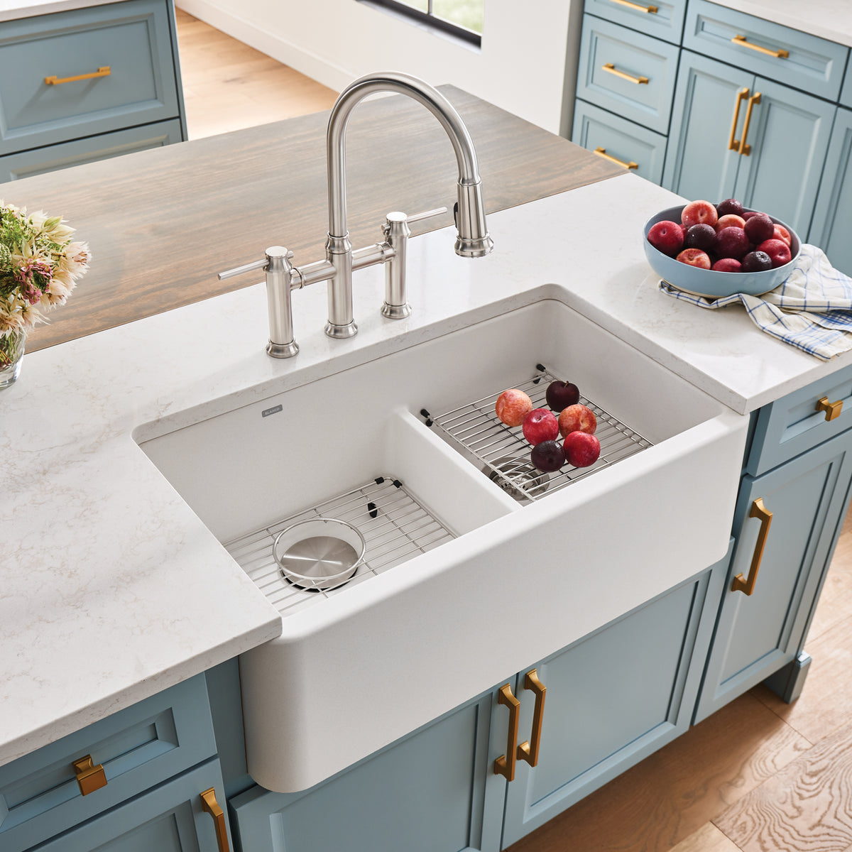 Blanco 402337- Ikon 33 1 ยพ LD, Double Bowl Farmhouse Sink, Silgranit White - FaucetExpress.ca