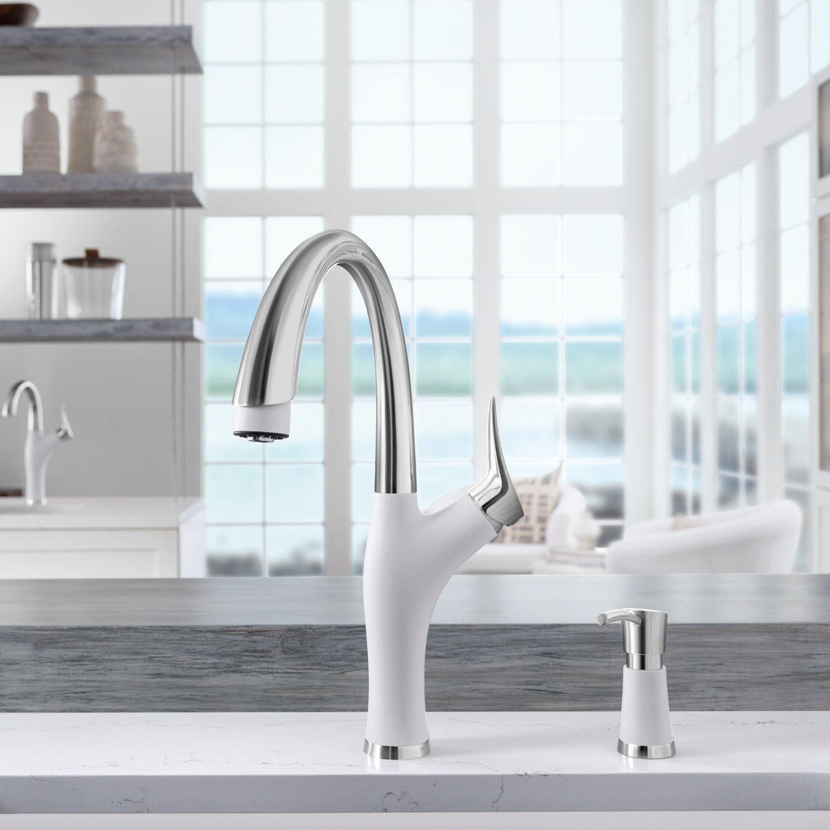 Blanco 442036- Artona Pull Down 1.5 Gpm, Pvd Steel / White - FaucetExpress.ca