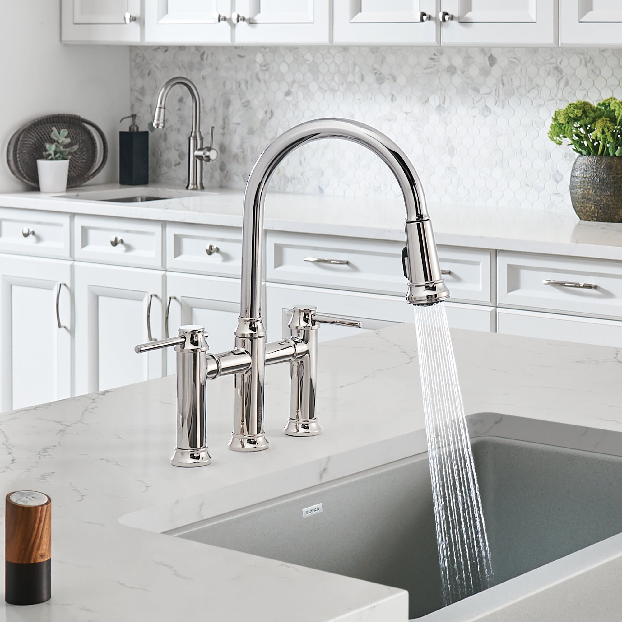 Blanco 442504- EMPRESSA Pull-down Dual Handle Bridge Faucet, Chrome - FaucetExpress.ca