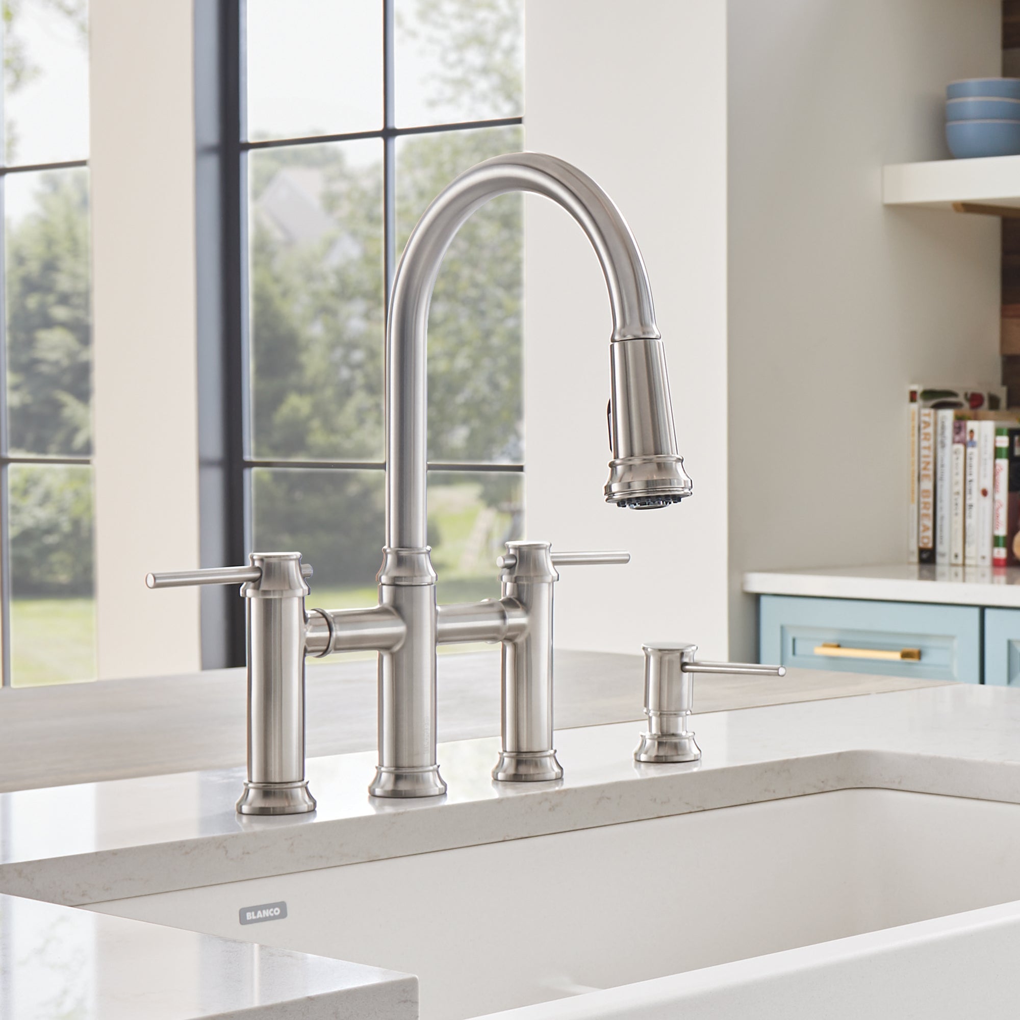 Blanco 442505- EMPRESSA Pull-down Dual Handle Faucet, Stainless Finish - FaucetExpress.ca
