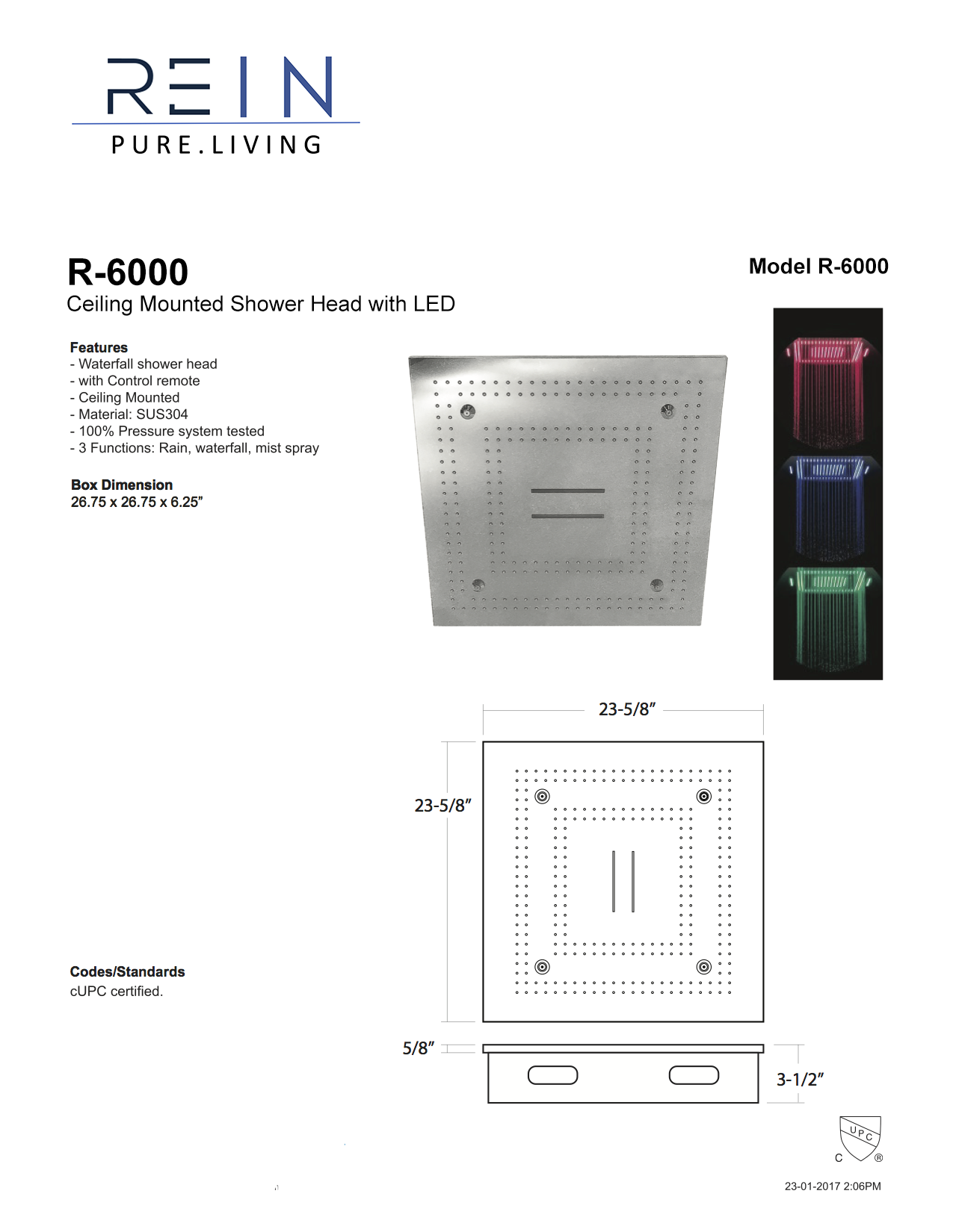 Rein R-6000-PC- Atlas LED Ceiling Mounted 3 Function Showerhead with Remote Control - FaucetExpress.ca