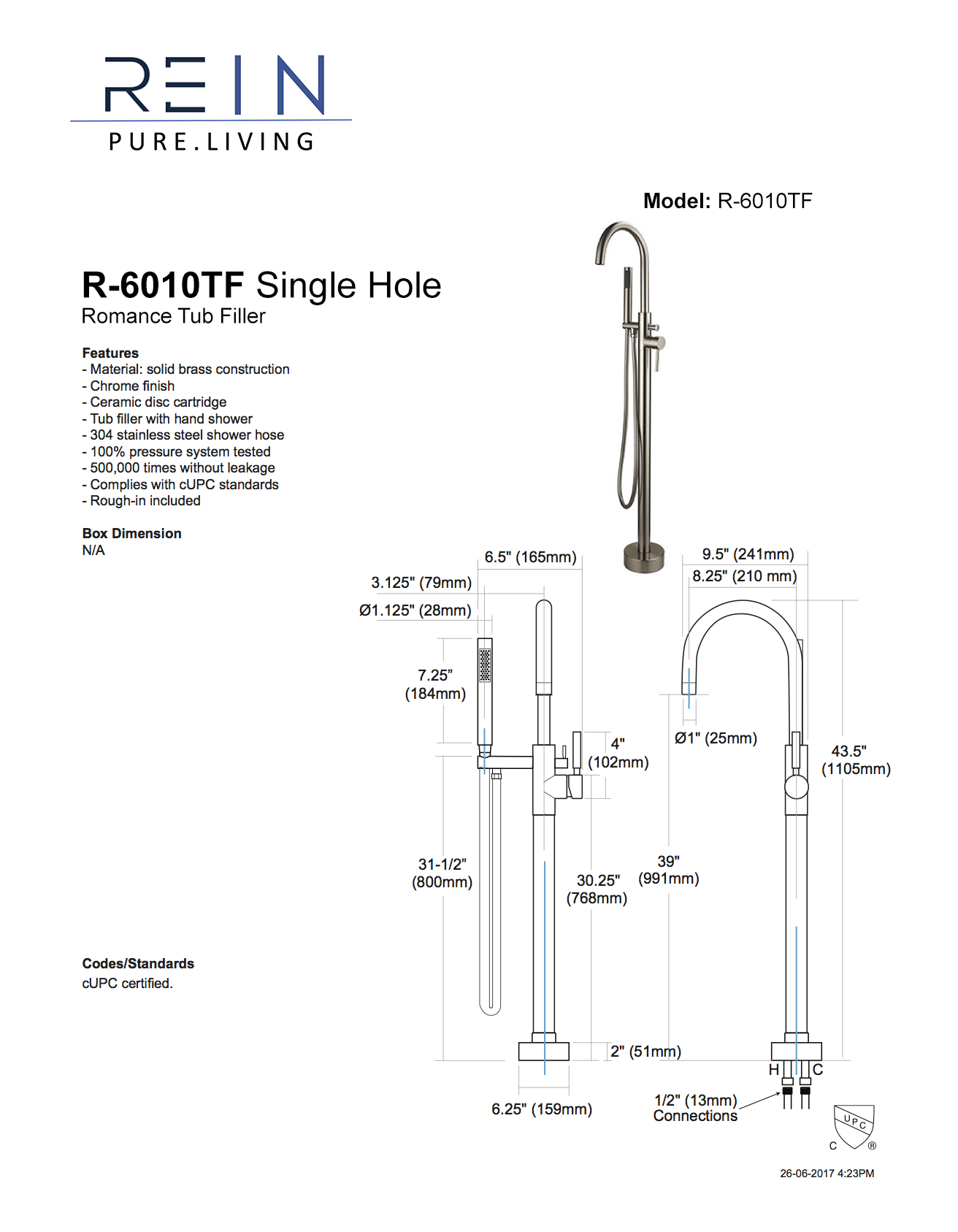 Rein R-6010TF-PC- Hera Freestanding Tub Filler w/ Handshower - FaucetExpress.ca