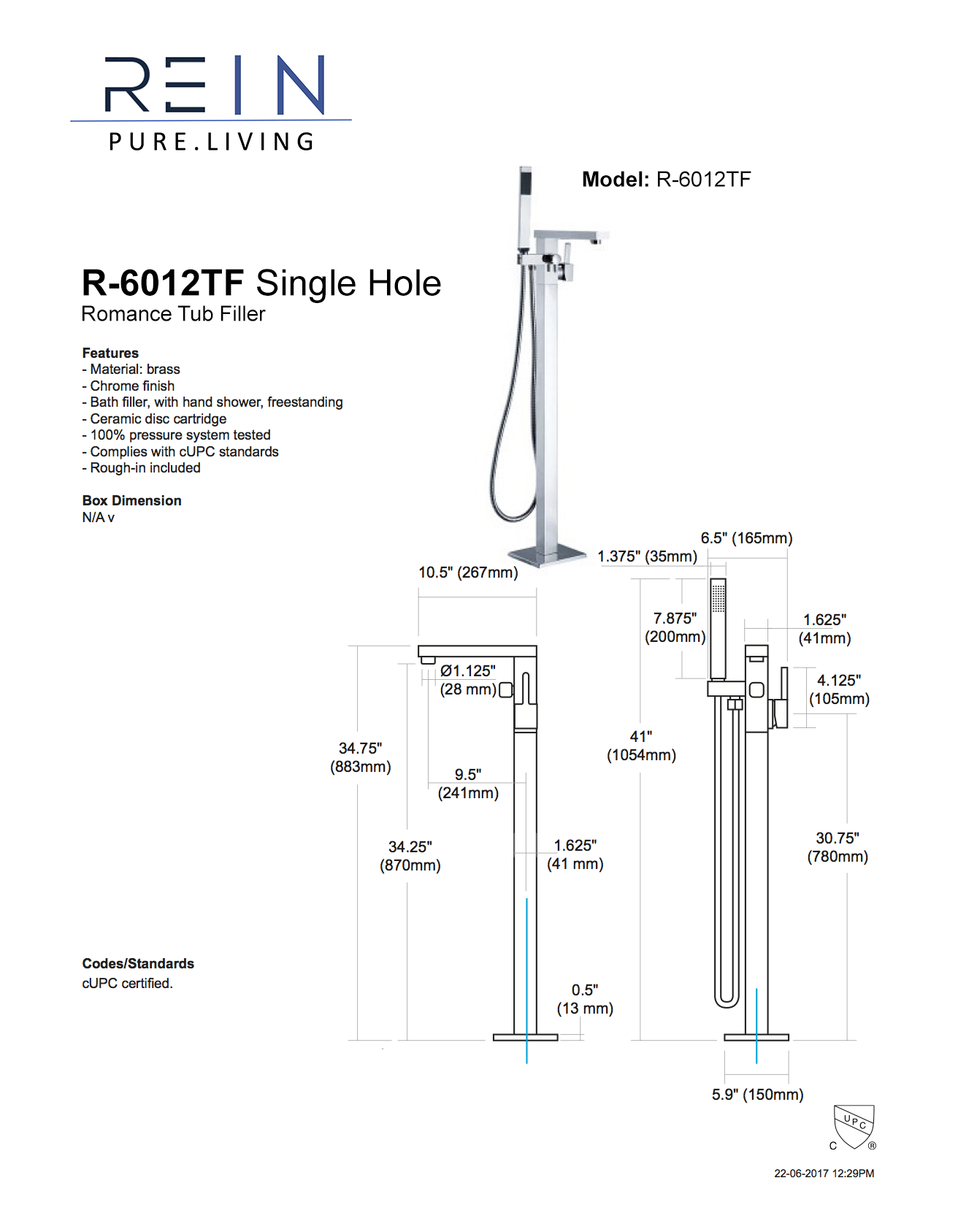 Rein R-6012TF-PC- Argus Freestanding Tub Filler w/ Handshower - FaucetExpress.ca