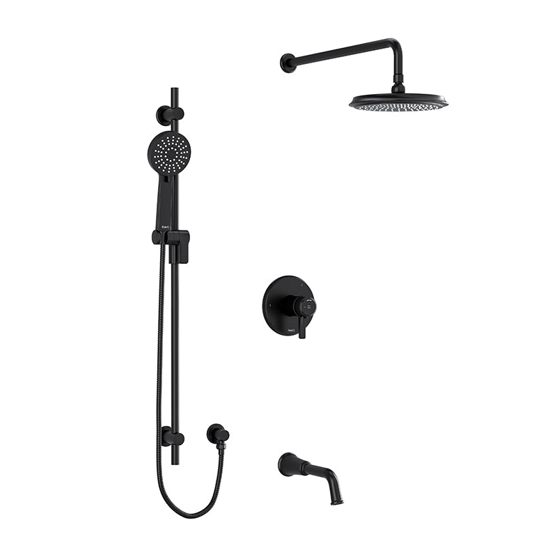 Riobel KIT#1345MMRDJBK- Type T/P (thermostatic/pressure balance) ½" coaxial 3-way system with hand shower rail, shower head and spout | FaucetExpress.ca