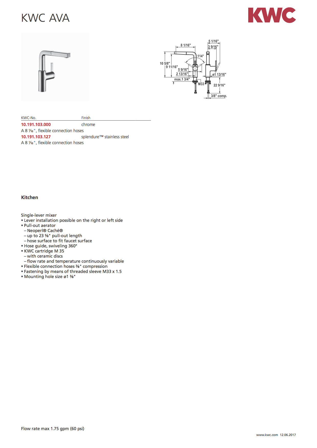 KWC 10.191.103.000- AVA Single Lever Kitchen Mixer - FaucetExpress.ca