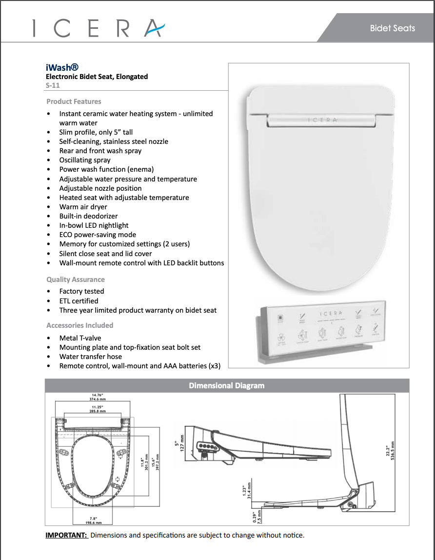 iWASH S-11 Electronic Bidet Seat, Elongated - FaucetExpress.ca