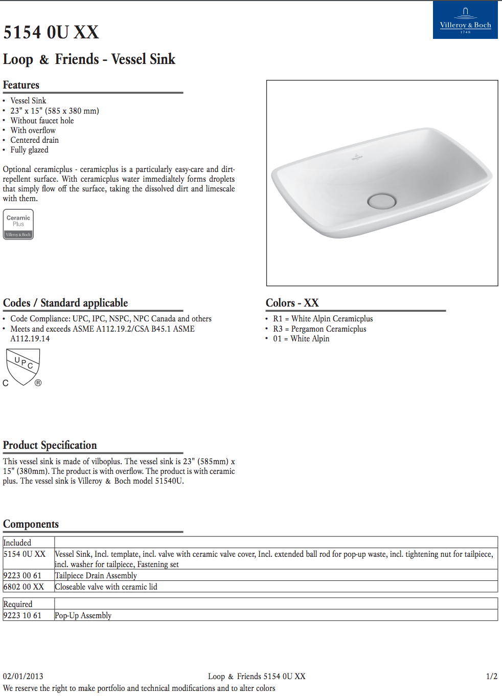 Villeroy & Boch 51540U01- Loop & Friends Surface Mounted Washbasin (Rectangular) - FaucetExpress.ca