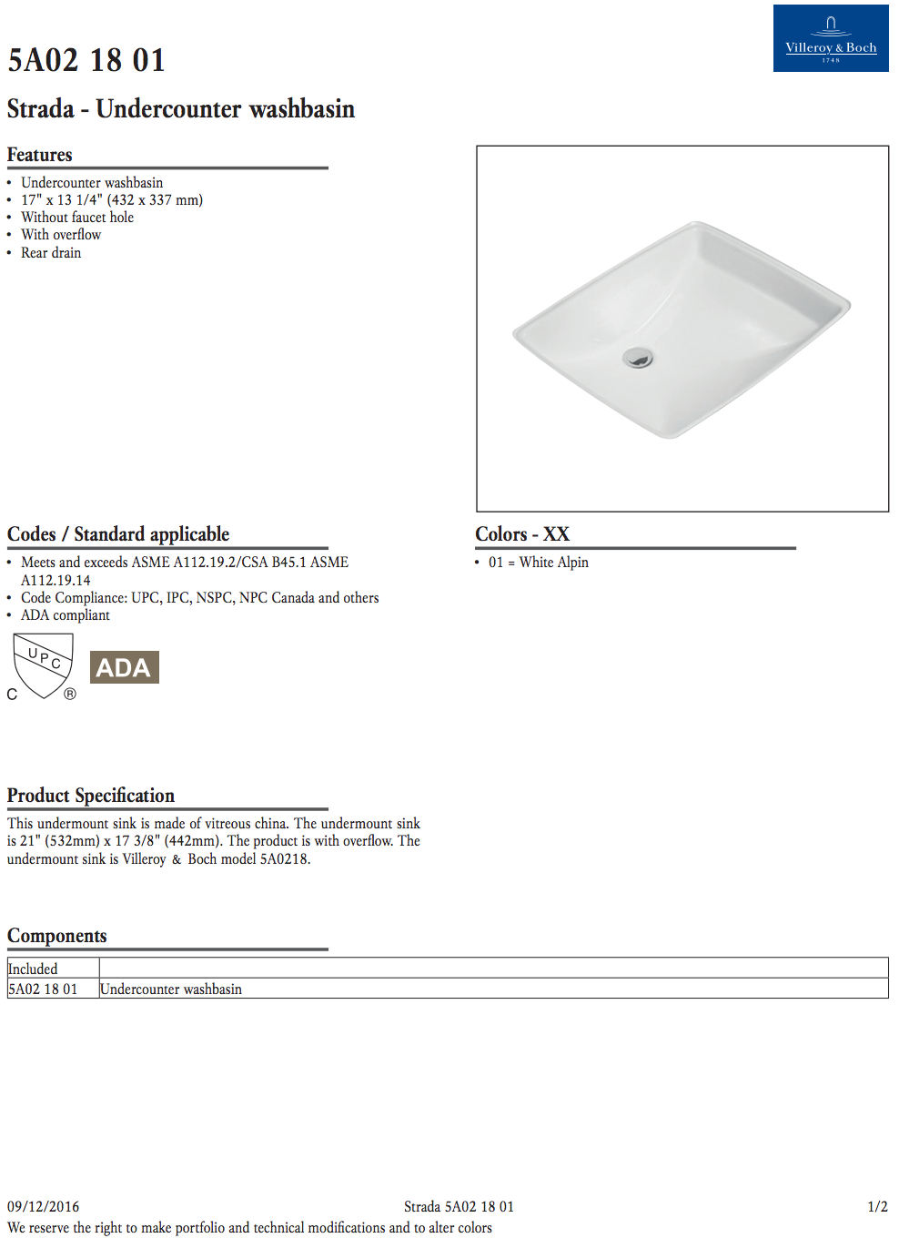 Villeroy & Boch 5A021801- Strada Undercounter Washbasin - FaucetExpress.ca