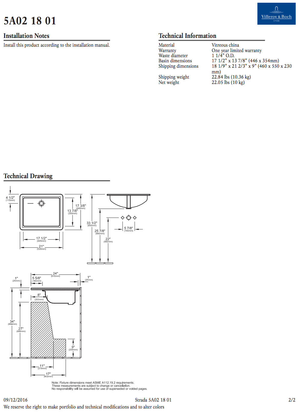 Villeroy & Boch 5A021801- Strada Undercounter Washbasin - FaucetExpress.ca