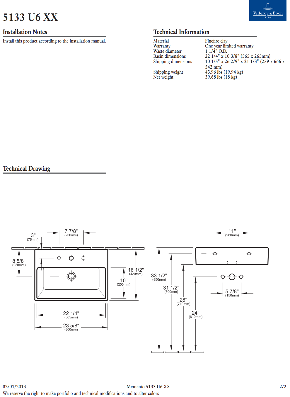 Villeroy & Boch 5133U601- Momento 24" Wash Basin - FaucetExpress.ca