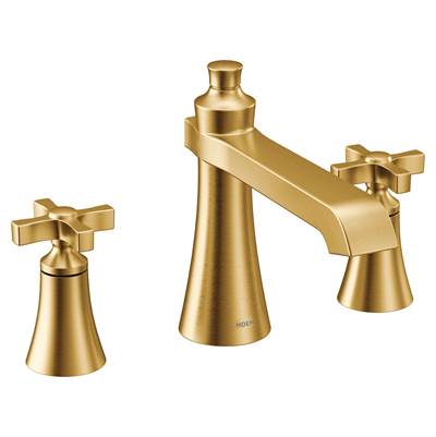 Moen TS927BG- Flara 2-Handle Deck Mount Cross Handle Roman Tub Faucet Trim Kit, Valve Required, Brushed Gold - FaucetExpress.ca