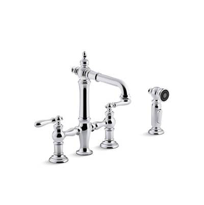 Kohler 76520-4-CP- Artifacts® deck-mount bridge bar sink faucet with lever handles and sidespray | FaucetExpress.ca
