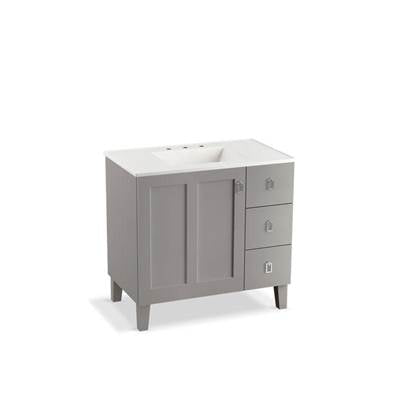 Kohler 99533-LGR-1WT- Poplin® 36'' bathroom vanity cabinet with legs, 1 door and 3 drawers on right | FaucetExpress.ca