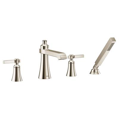 Moen TS928NL- Flara 2-Handle Deck Mount Lever Handle Roman Tub Faucet Trim Kit, Valve Required, Including Single Function Handshower, Brushed Nickel - FaucetExpress.ca