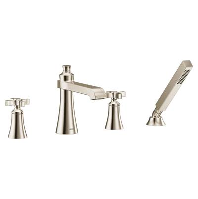 Moen TS929NL- Flara 2-Handle Deck Mount Cross Handle Roman Tub Faucet Trim Kit, Valve Required, Including Single Function Handshower, Polished Nickel - FaucetExpress.ca