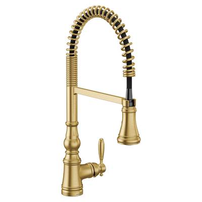 Moen S73104BG- Weymouth Single-Handle Pull-Down Sprayer Kitchen Faucet with Power Clean and Spring Spout in Brushed Gold - FaucetExpress.ca