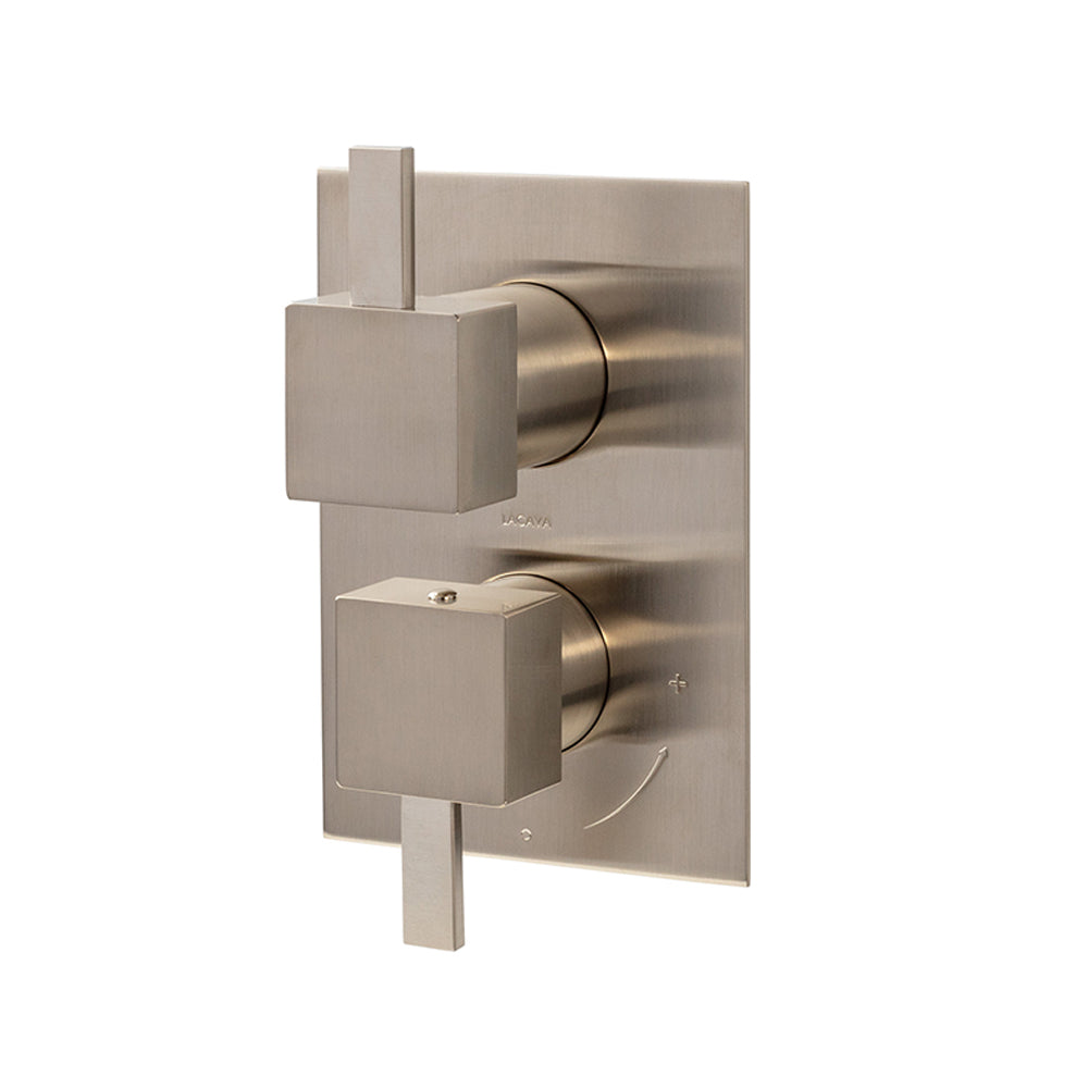 Lacava - Built-In Progressive Pressure Balancing Mixer With 3- Way Diverter, Two Lever Handles And A Retangular Backplate. Water Flow Rate: 5.6 Gpm At 45 Psi.