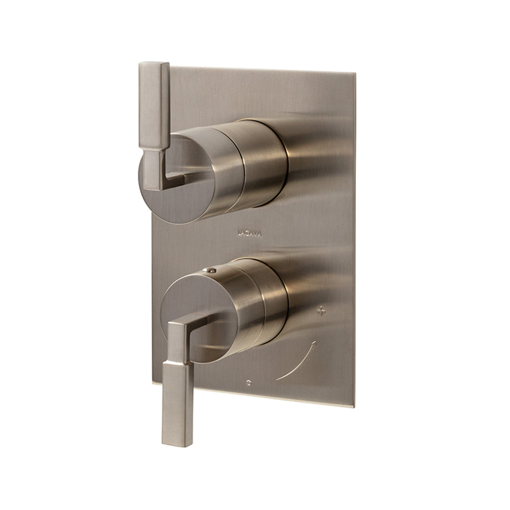 Lacava - Built-In Progressive Pressure Balancing Mixer With 3- Way Diverter, Two Stick Lever Handles And A Retangular Backplate. Water Flow Rate: 5.6 Gpm At 45 Psi.
