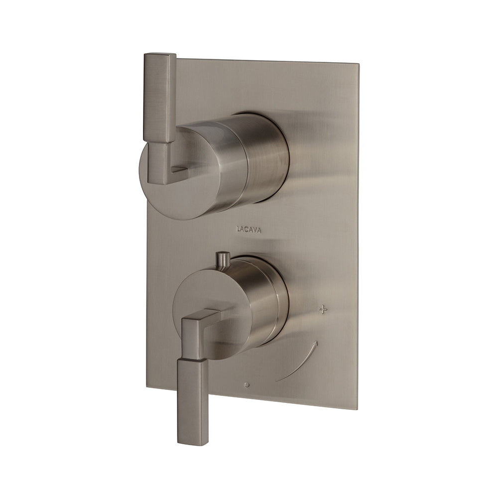 Lacava - Trim Only - Thermostatic Valve W/ 3 Way Sahred Diverter + Off, Gpm 8 (60Psi) With Rectangular Back Plate And 2 Stacked Square Handles