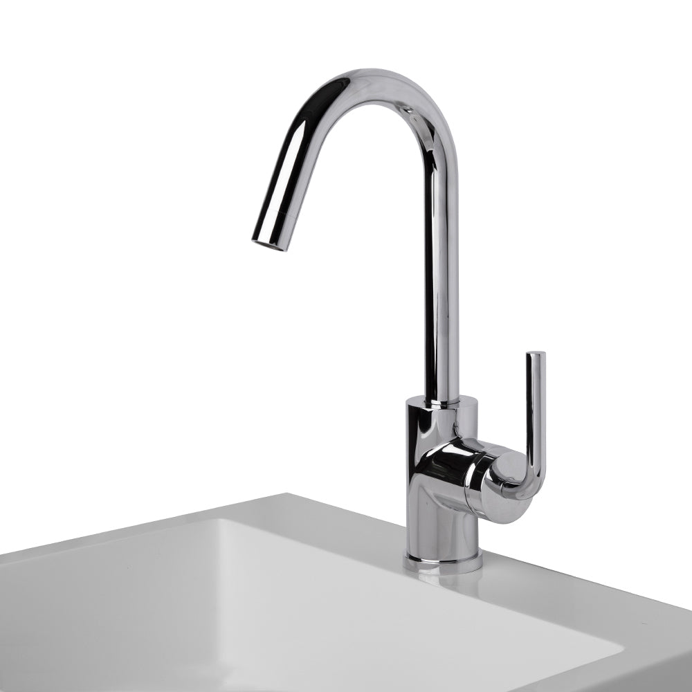 Lacava - Deck-Mount Single-Hole Faucet With A Goose-Neck Swiveling Spout, One Curved Lever Handle, And A Pop-Up Drain. 5 1/4" Spout Projection. Water Flow Rate: 1.2 Gpm Pressure Compensating Aerator.